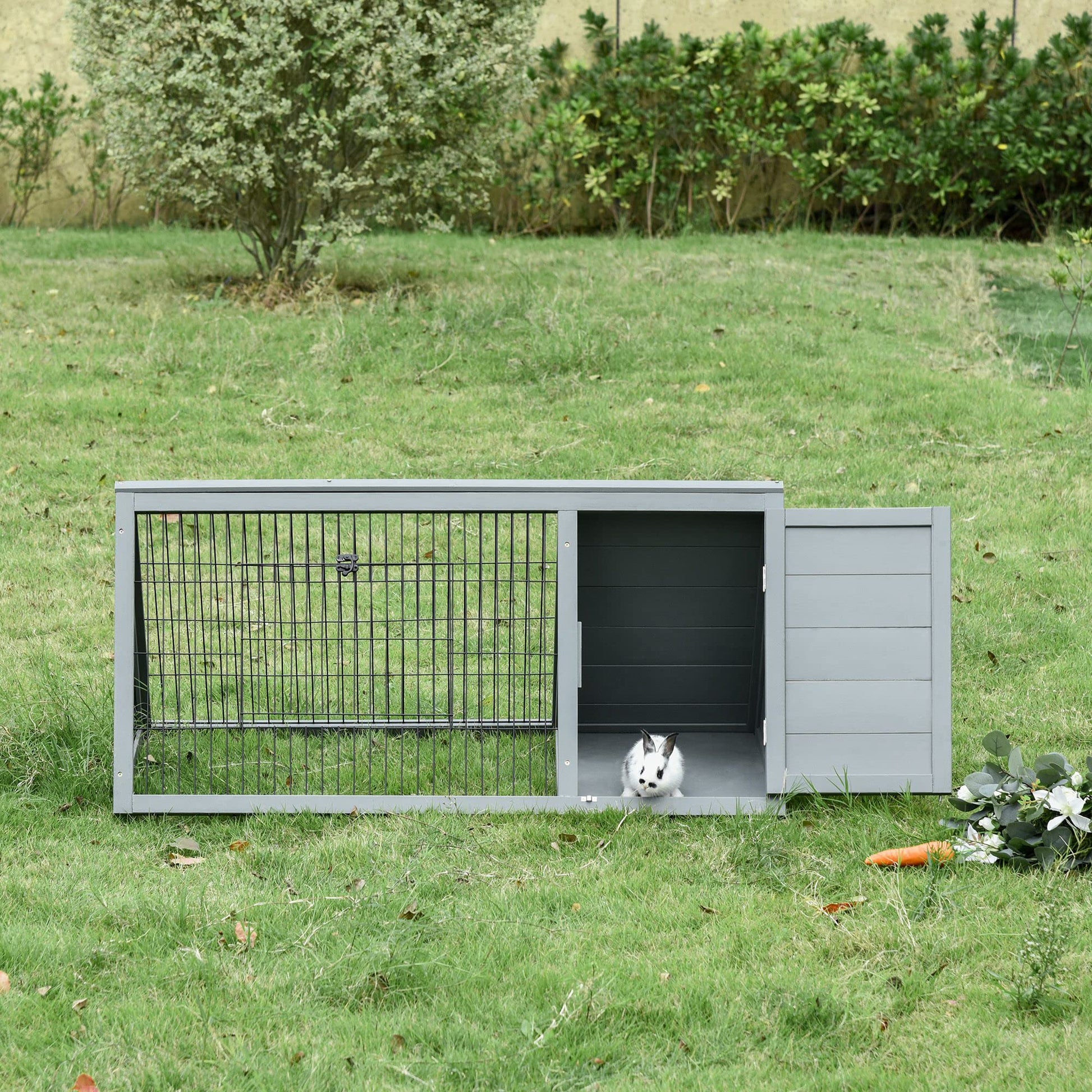 PawHut 46" x 24" Wooden A-Frame Outdoor Rabbit Cage Small Animal Hutch with Outside Run & Ventilating Wire, Gray - WoodArtSupply