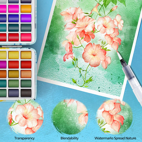 50 Colors Washable Watercolor Paint Set with 6 Brushes, Portable Travel Water Color Kit with Carrying Case, Palette and Accessories, Non-Toxic Art Supplies Gift for Artists Adult Teen Kids Girls Boys Caliart