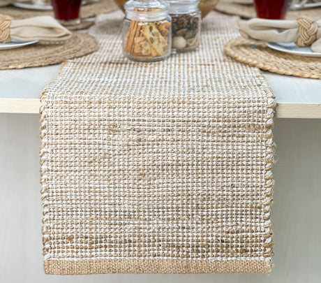 Chardin home Natural Jute Table Runner 13x72 Inch – Vintage Boho Rustic Table Decor – Handwoven Table Runner in Natural Jute and Ivory – Farmhouse Dining or Console Table Accent Chardin home