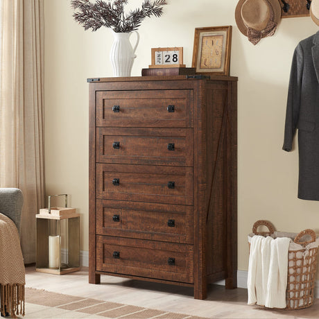 T4TREAM Farmhouse 5 Drawers Dresser Chests for Bedroom, Wood Rustic Tall Chset of Drawers,Dressers Organizer for Bedroom, Living Room,Hallway, Reclaimed Barnwood T4TREAM