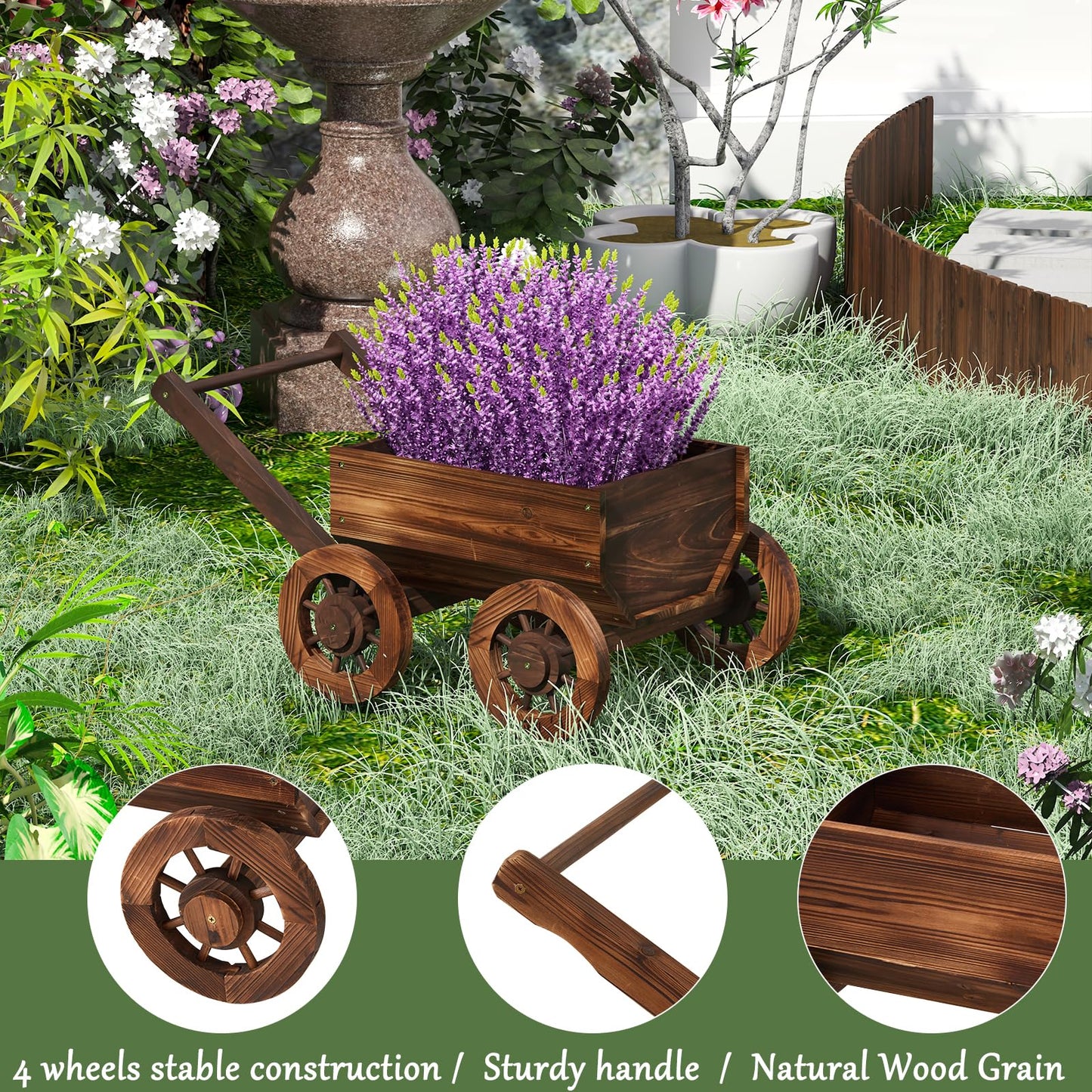 PULIJIA Wooden Wagon Planter Outdoor Garden Planter, Trolley Decoration Succulent Flower cart, Indoor Outdoor Backyard Balcon Decor cart with Wheels, Planter for Patio (HC-S)