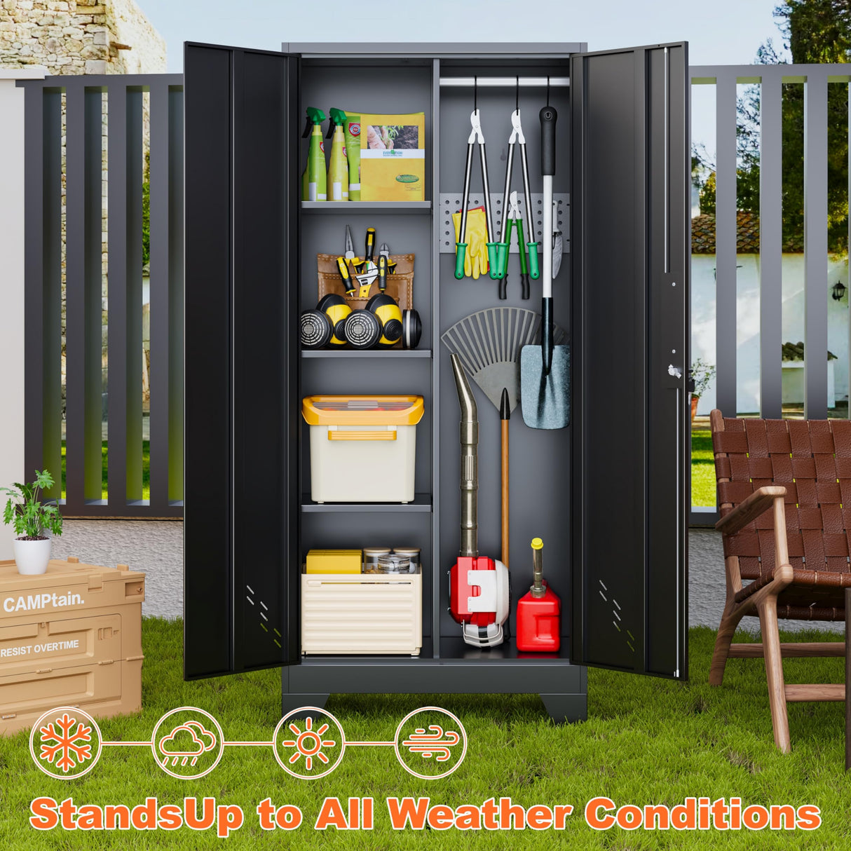 Storage Cabinet 61" H, Metal Outdoor Sheds with Shelves for Tools Storage, Cleaning Supplies Closet with Removable Pegboard for Outdoor, Garage, Utility Room METALREAD
