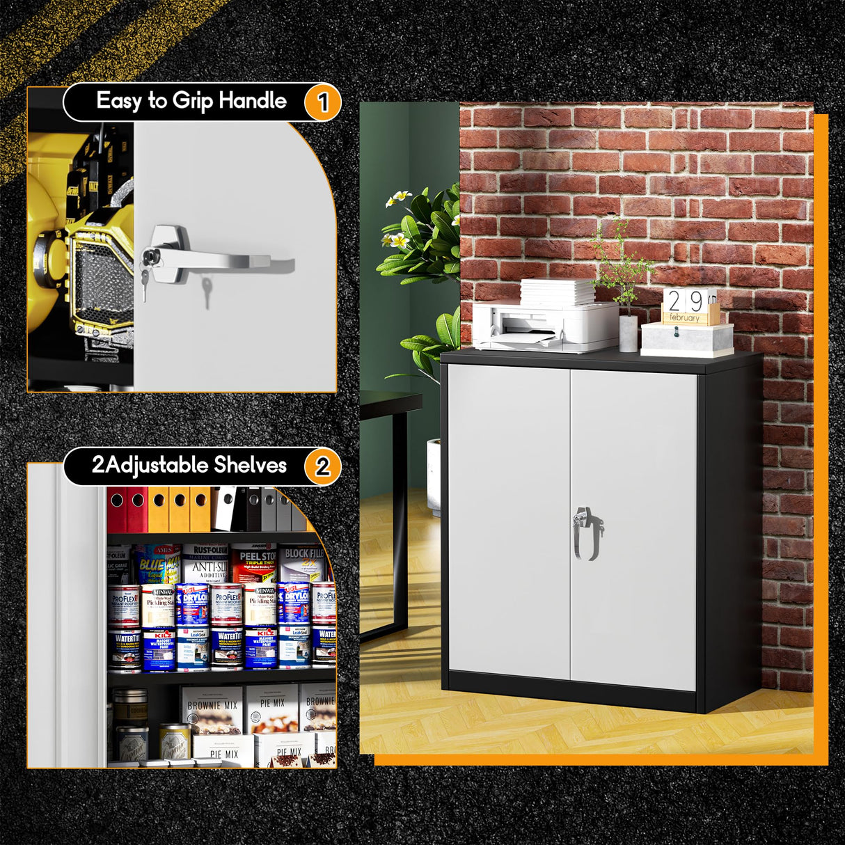 Greenvelly Metal Storage Cabinet,36” Lockable Storage Cabinet with Doors and Adjustable Shelves, Steel Locking File Cabinet for Garage,Home,School,Pantry(Black Grey) Greenvelly