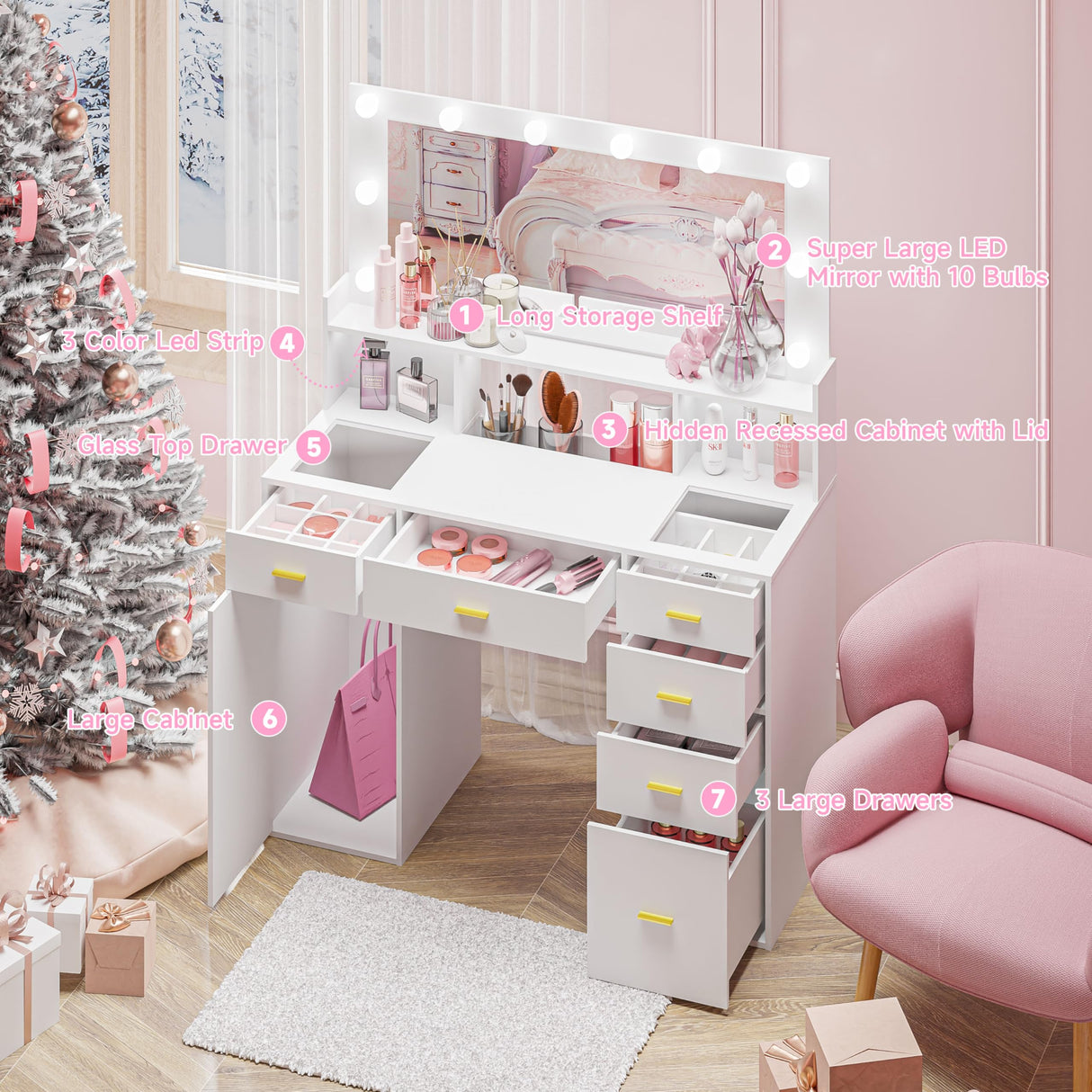 VoirStar Glass Vanity Desk with Large Lighted Mirror, 45" Big Makeup Vanity with 6 Drawers & Cabinet, 3 Lighting Colors, Makeup Vanity Desk with Glass Top, Hollywood Makeup Vanity with Lights, White VoirStar