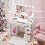 VoirStar Glass Vanity Desk with Large Lighted Mirror, 45" Big Makeup Vanity with 6 Drawers & Cabinet, 3 Lighting Colors, Makeup Vanity Desk with Glass Top, Hollywood Makeup Vanity with Lights, White VoirStar