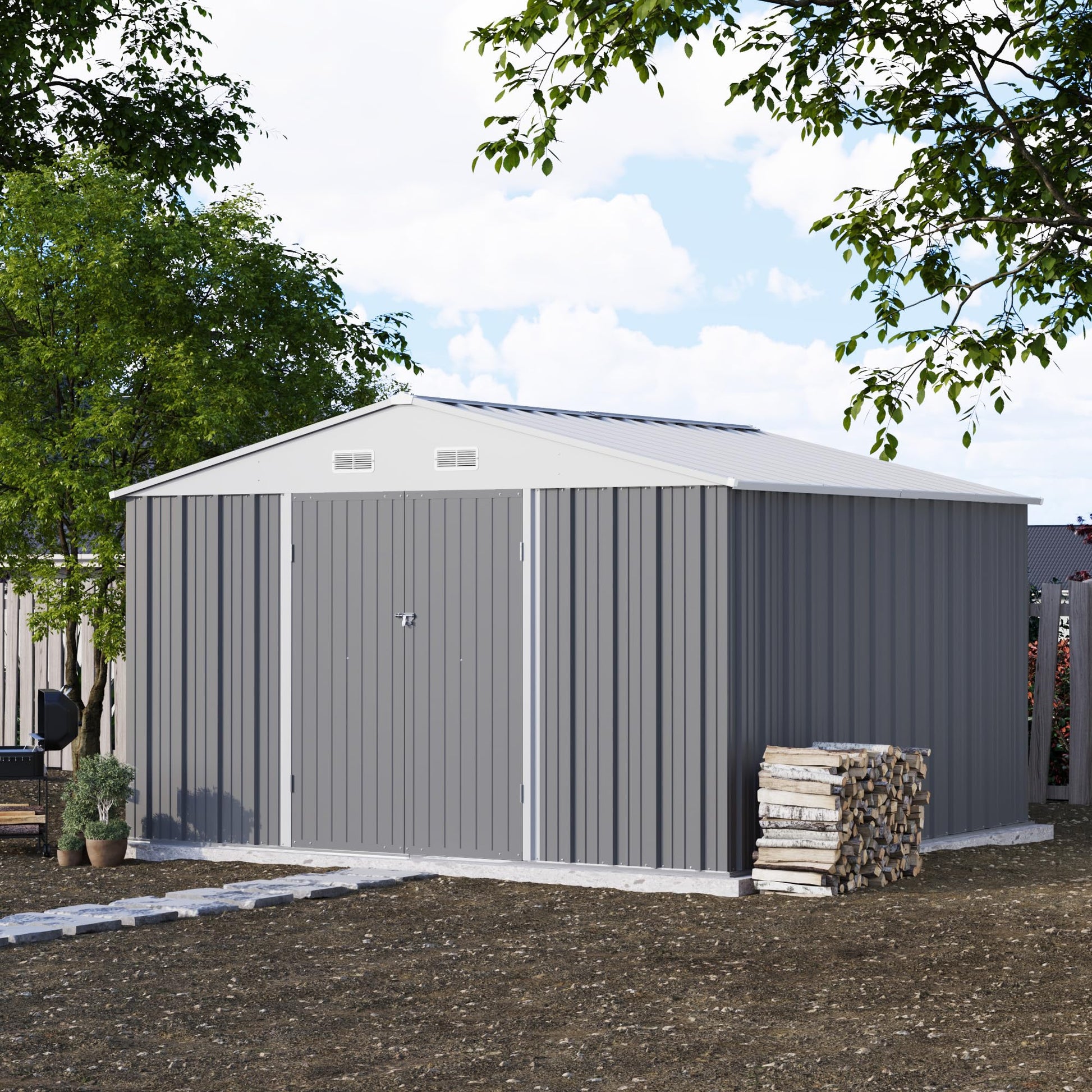 Patiowell 10' x 10' Metal Storage Shed for Outdoor, Steel Yard Shed with Design of Lockable Doors, Utility and Tool Storage for Garden, Backyard, Patio, Outside use, Grey - WoodArtSupply