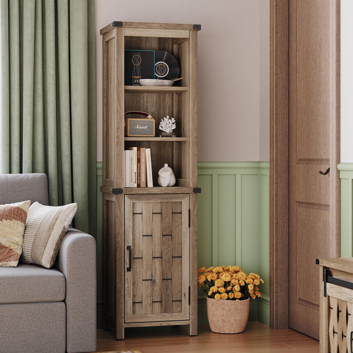 LINSY HOME Bathroom Storage Cabinet, Farmhouse Narrow Storage Cabinet with Door & Adjustable Shelves, Tall Linen Tower for Bathroom, Living Room, Light Brown LINSY HOME