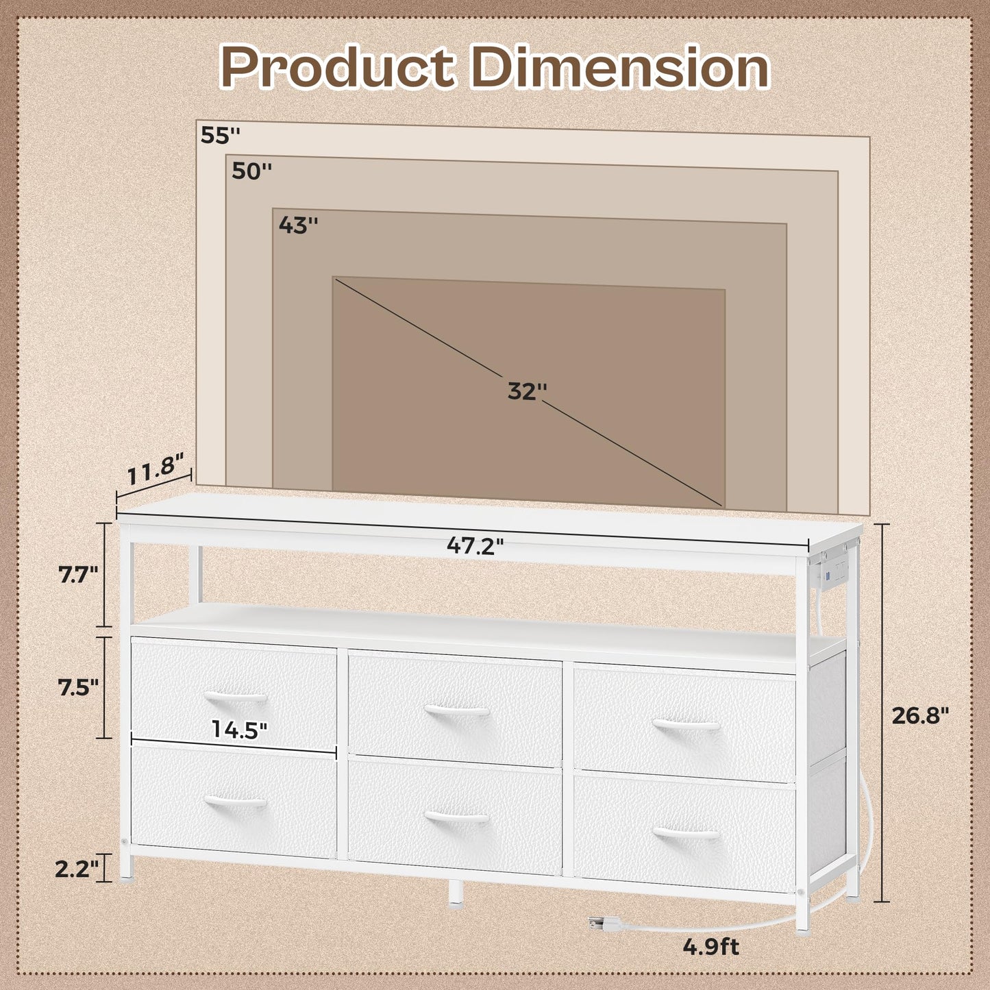 Huuger LED TV Stand for Bedroom, 47 Inch Dresser with Power Outlets, Entertainment Center for 55, 50, 43 Inch TV, 6 Drawer Dresser for Bedroom, Chest of Drawers with Open Shlef, PU Leather, White