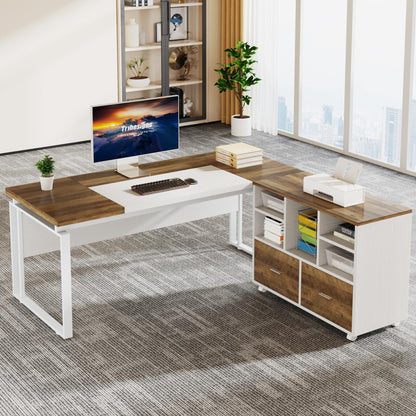 Tribesigns L-Shaped Executive Desk with Reversible File Cabinet, 63" Office Desk with Storage Drawers, Computer Desk Set (Oak Karo & White) - WoodArtSupply