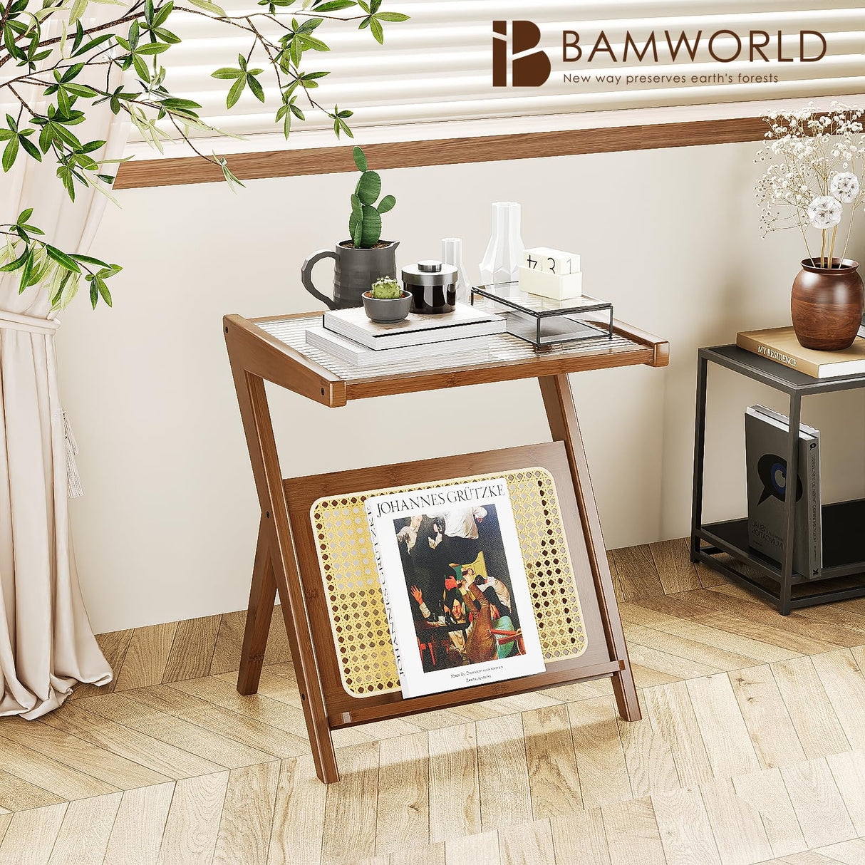 Bamworld Side Table Nature Rattan Night Stand Glass End Table 2-Tier with Storage Boho Bedside Table for Small Spaces Bamboo Coffee Table for Bedroom Living Room Bamworld