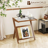 Bamworld Side Table Nature Rattan Night Stand Glass End Table 2-Tier with Storage Boho Bedside Table for Small Spaces Bamboo Coffee Table for Bedroom Living Room Bamworld