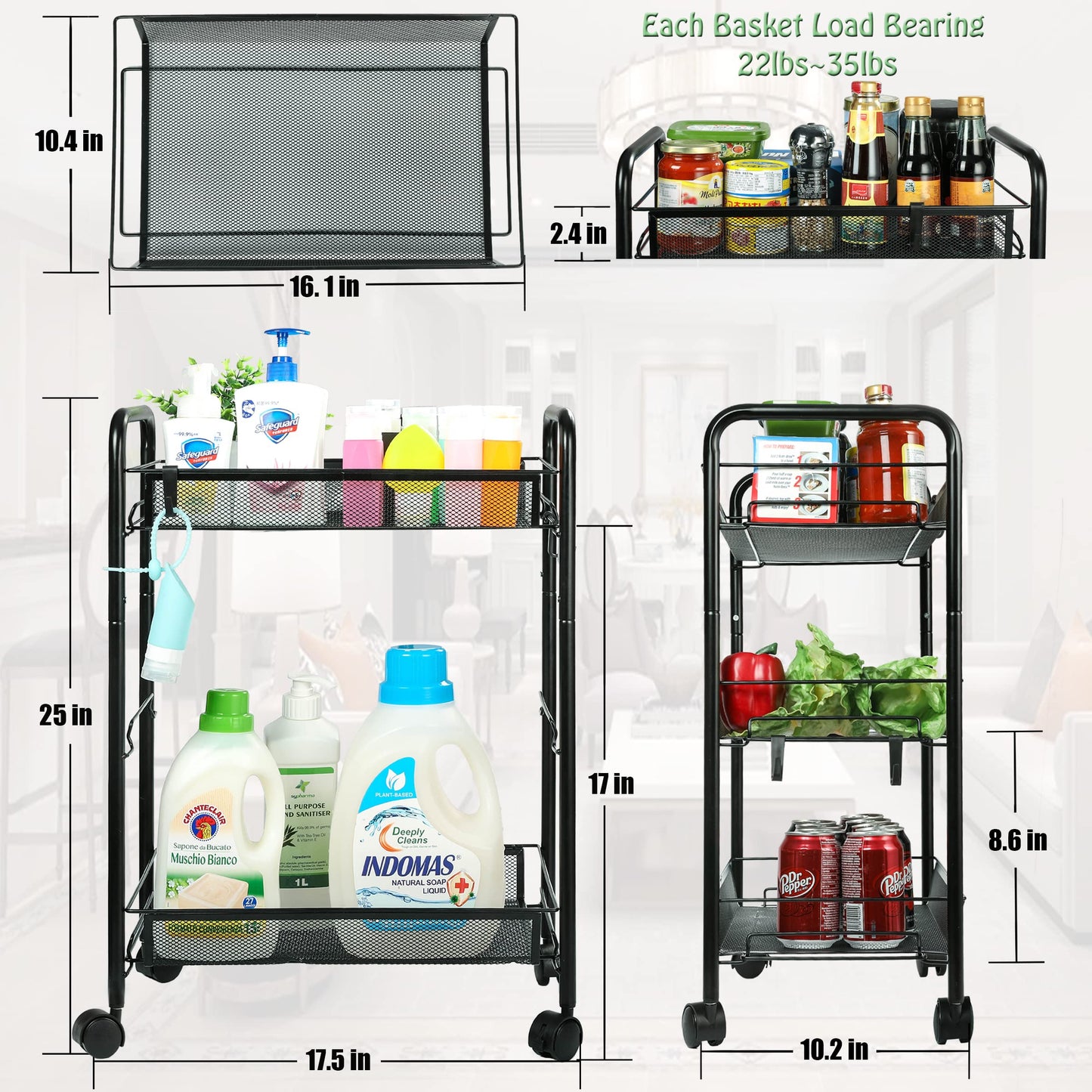 3 Tier All-Metal Rolling Cart, Trolley Craft Cart with Locking Wheels, Easy-Carry and Assembly Mesh Trolley Cart with 1 Small Baskets and 4 Hooks for Bathroom Kitchen Office Balcony Living Room