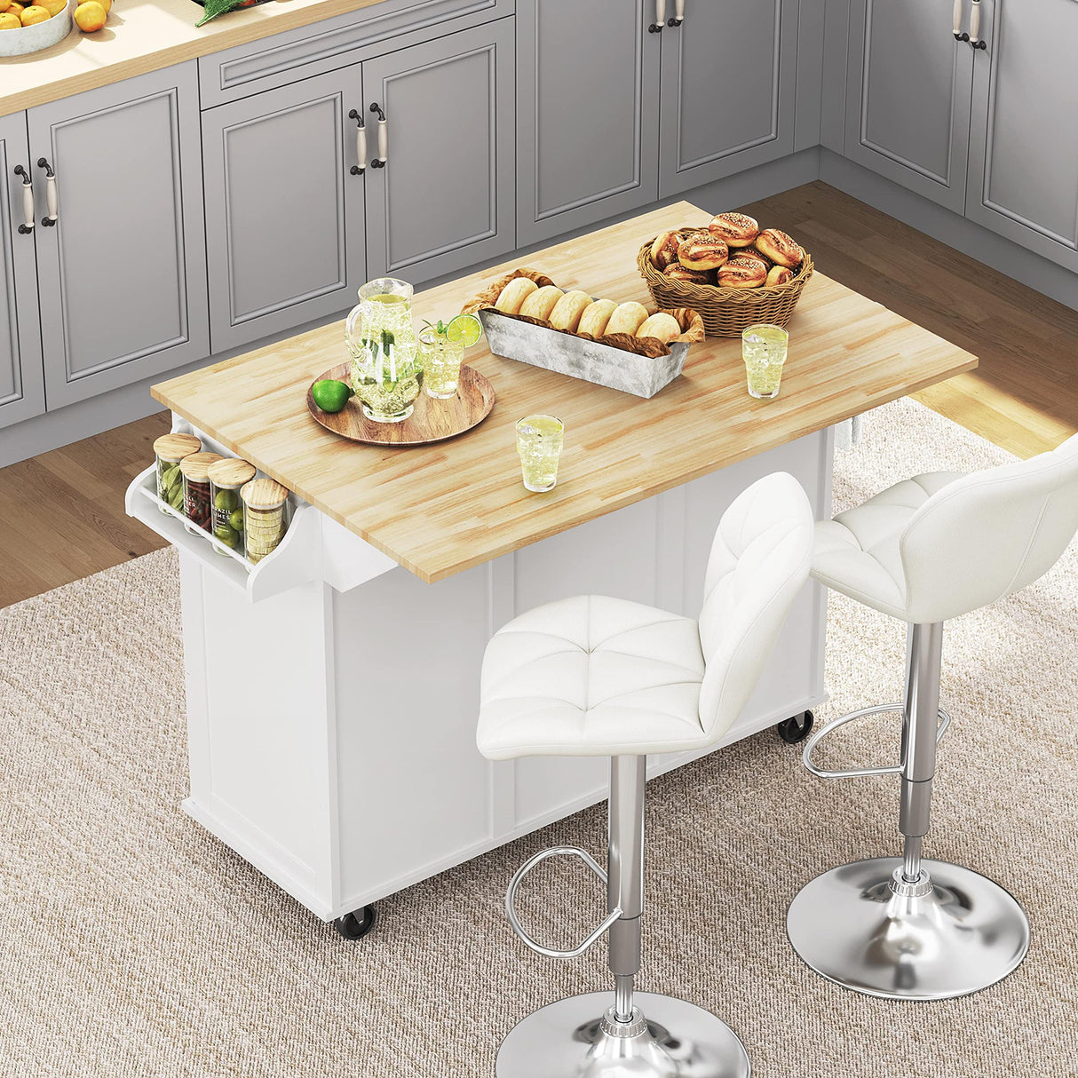 Yaheetech Kitchen Island with Drop-Leaf Breakfast Bar, 53" Width Kitchen Cart on 5 Universal Wheels with Rubberwood Top, Storage Cabinet, 3 Drawers, and Spice Rack for Dining Room, White Yaheetech