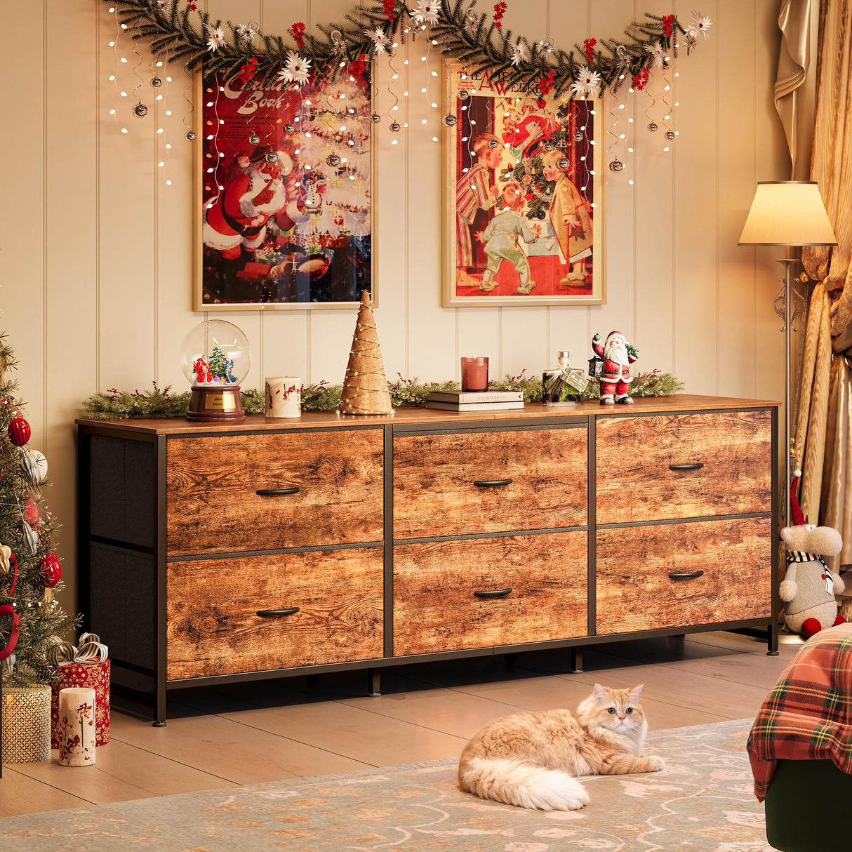 Huuger 63 Inch Long Dresser for Bedroom, Wide TV Stand for 55, 65, 70 Inch TV, 6 Drawer Dresser for Closet with Fabric Drawers, Storage Organizer for Bedroom, Entryway, Rustic Brown Huuger