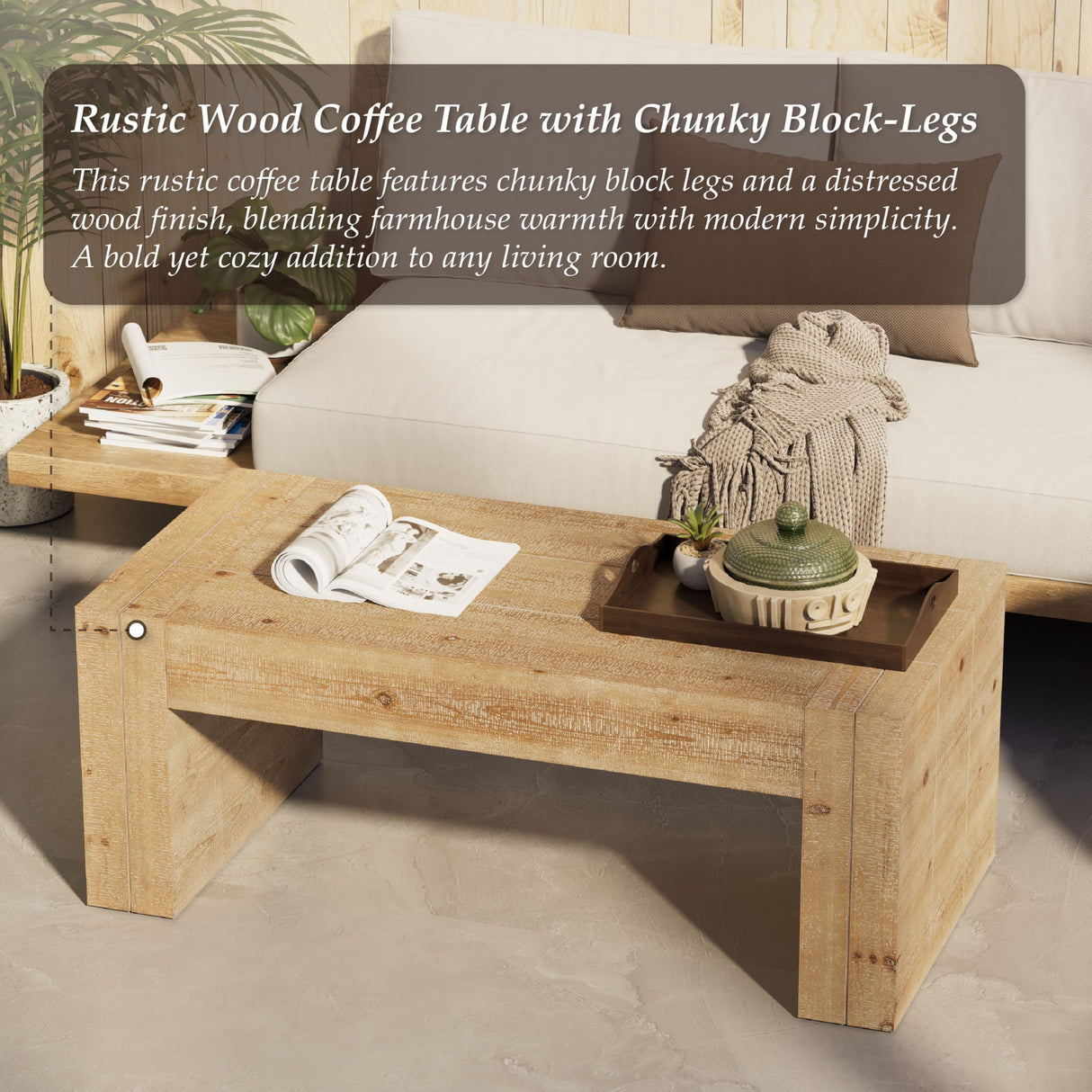 COZAYH Modern Rustic Wood Coffee Table with Thick Legs, Rectangular Living Room Center Table, Natural Finish Design, Sturdy Farmhouse Style for Home Decor, Office, Brown COZAYH