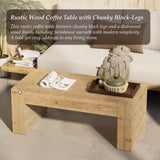 COZAYH Modern Rustic Wood Coffee Table with Thick Legs, Rectangular Living Room Center Table, Natural Finish Design, Sturdy Farmhouse Style for Home Decor, Office, Brown COZAYH