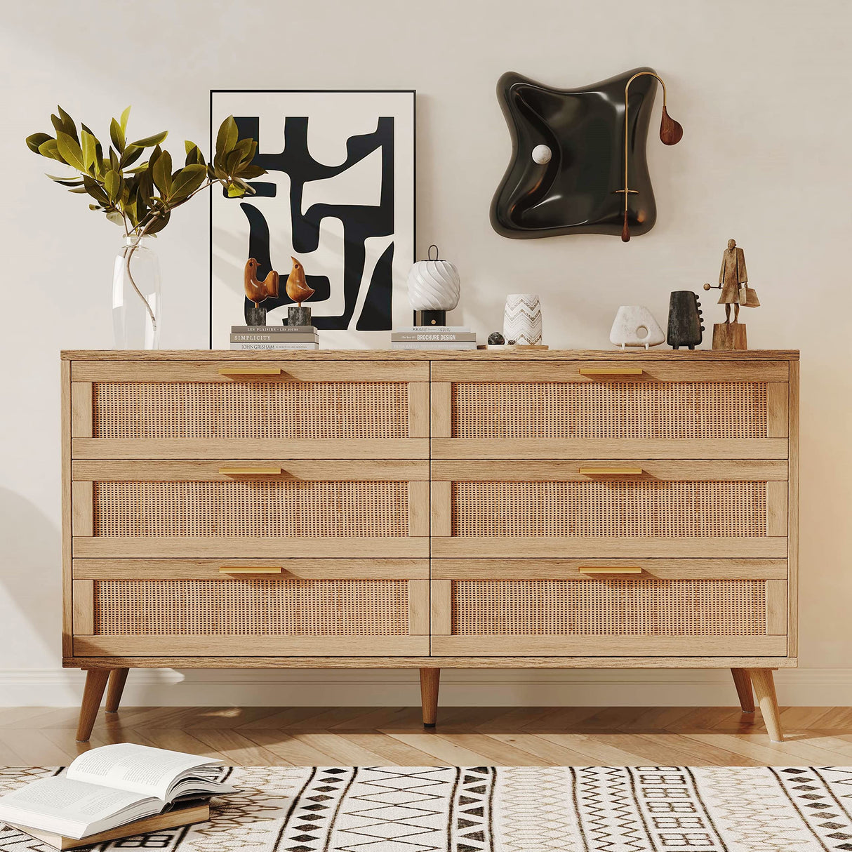 Rovaurx 6 Drawer Double Dresser for Bedroom, Rattan Chest of Dressers, Modern Wooden Dresser Chest with Golden Handles, Beside Table for Closet, Living Room and Entryway, Natural RDG001M Rovaurx