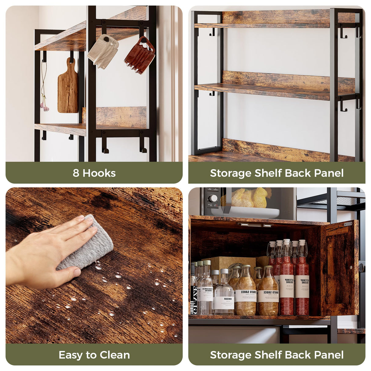 IRONCK Bakers Rack with Cabinet & Power Outlets, Microwave Stand with Storage Shelves, Tall Kitchen Bakers Rack with Hutch, Coffee Bar, 8 Hooks, Rustic Brown IRONCK