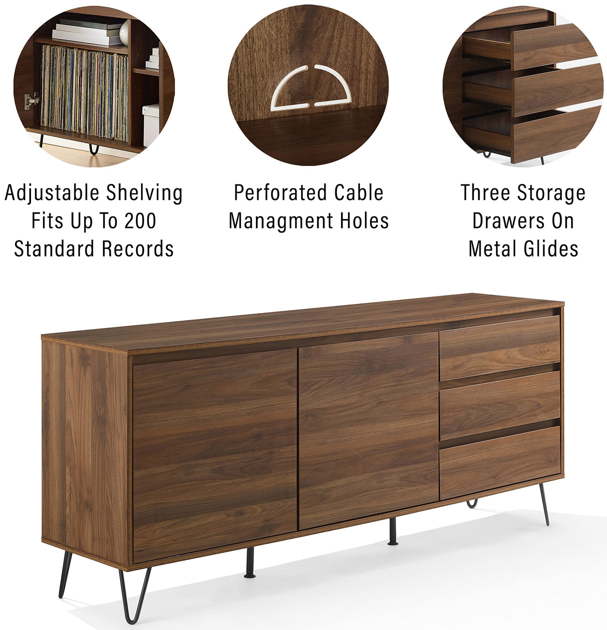 Crosley Furniture Teagan Mid Century Record Storage Sideboard Buffet Cabinet, Brown Oak Crosley Furniture