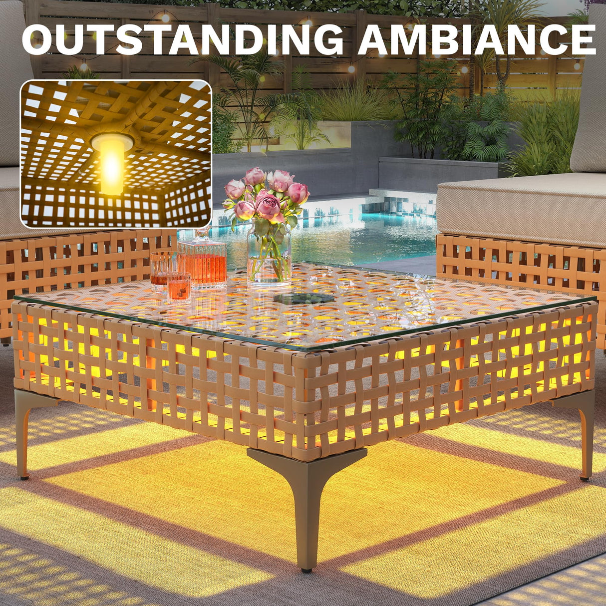 DWVO Patio Furniture Set 3 Pieces Outdoor Sectional Sofa with Solar Light Table & Waterproof Cushions Outdoor Couch All-Weather Rattan Patio Conversation Set for Balcony Garden Porch DWVO