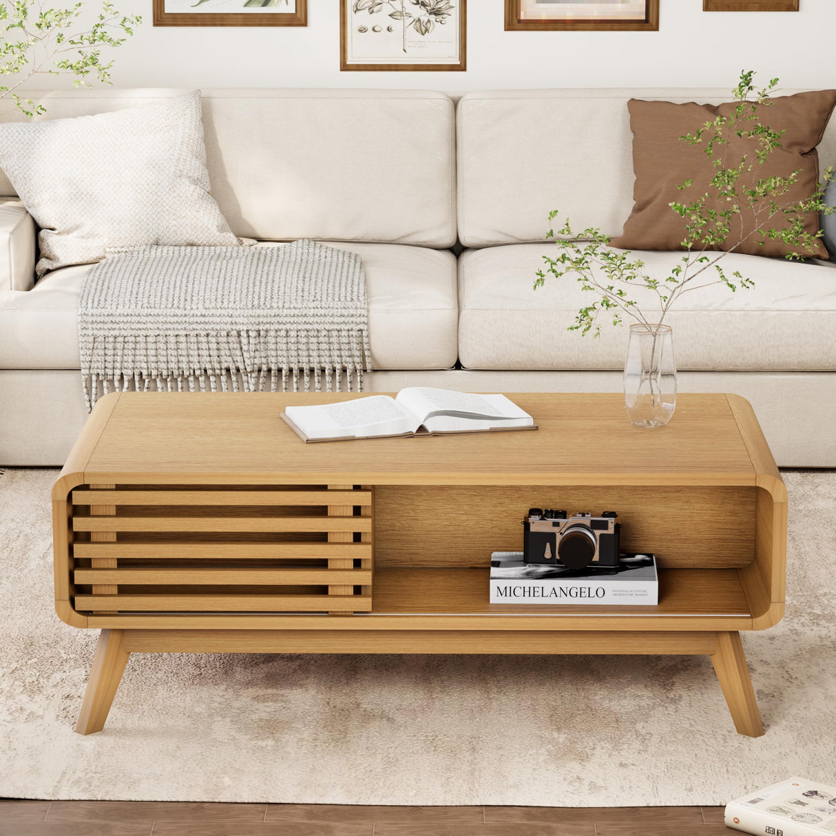 Coffee Table with Storage, Mid Century Modern Wooden Living Room Center Table, Furniture Farmhouse Wooden Coffee Table for Living Room, Oak Royal Windsor