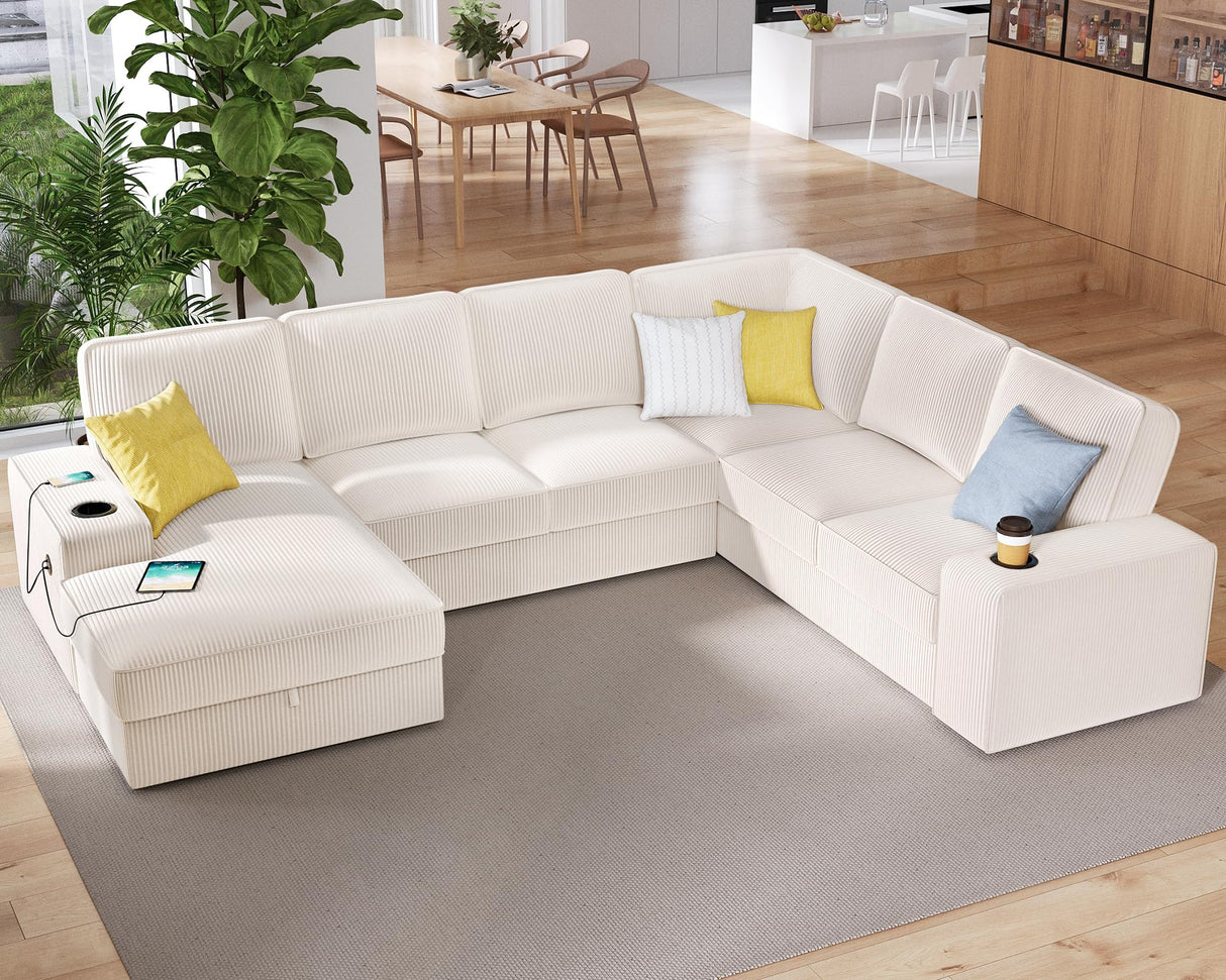 PaPaJet U Shaped Couch, 112 Inch Oversized Couch with Storage Chaise, Sectional Sofa with Cup Holders & 2 USB Ports, Corduroy Beige Sofa PaPaJet