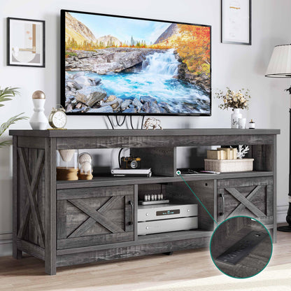 YITAHOME Farmhouse TV Stand for 65 Inch Television Stand, Entertainment Center with Power Outlets and Open Shelf, Rustic Media Console TV Cabinet for Living Room, Dark Grey