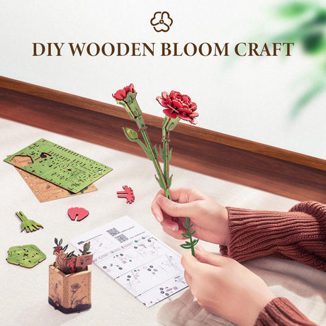 ROBOTIME 3D Puzzles Wooden Artifical Flower Red Carnation DIY Model Building Kit to Build for Adults Bouquet Botanical Collection Craft Brain Teaser Puzzle Creative Gift Home Decor ROBOTIME
