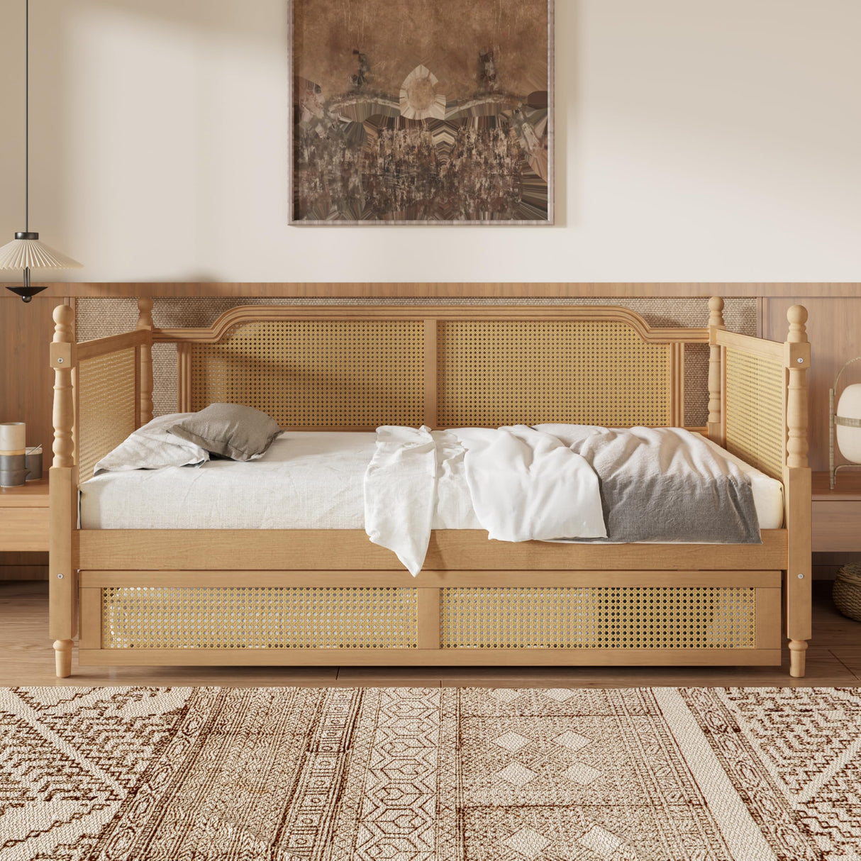 BEDGJH Traditional Style Twin Daybed with Twin Size Trundle, Rattan Wood Bed Frame for Limited Space, Guest Room, No Box Spring Needed (Antique Walnut, Twin/Trundle) BEDGJH