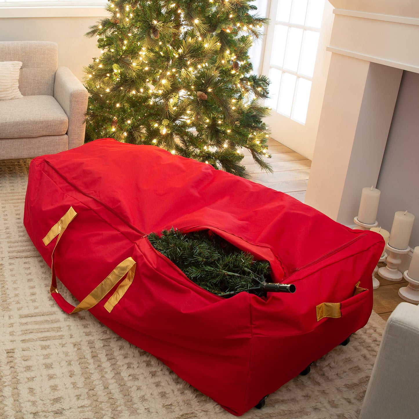 Simplify Christmas Tree Storage Bag | Holds Artificial Trees up to 11 Feet Tall | Holiday Decorations Organizer | Wheeled | Collapsible Duffle | Red