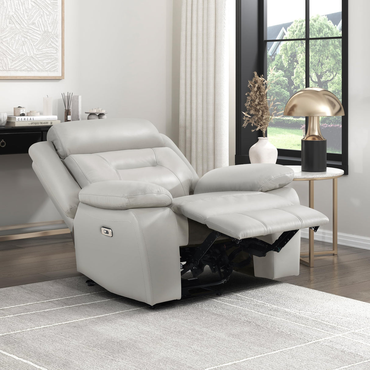 Lexicon Power Recliner Chair for Living Room, Top Grain Leather Match Recliner with Pillow Top Armrests, Home Theater Seating, Wall Hugger Recliners with USB Port, 40" W, Silver Lexicon