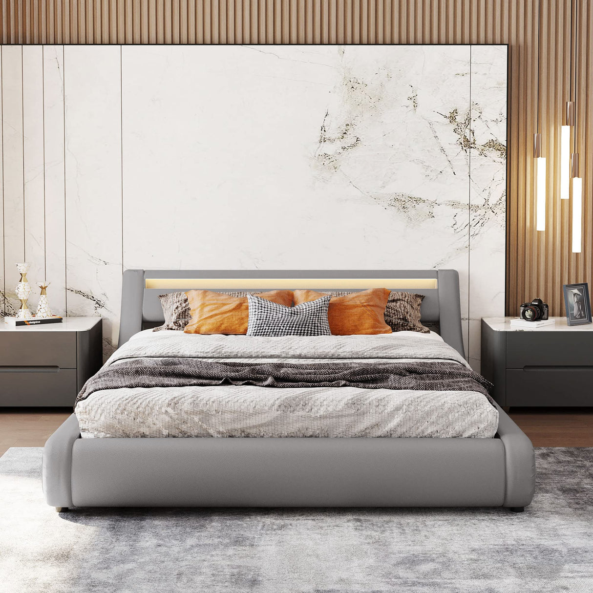 Upholstered Faux Leather Hydraulic Storage Bed with LED Light Headboard - Queen Size, Grey WoodArtSupply