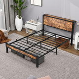 DUMEE Queen Size Bed Frame with Wood Storage Headboard - Metal Platform Design, No Box Spring Needed, Noise-Free, Black & Rustic Brown DUMEE