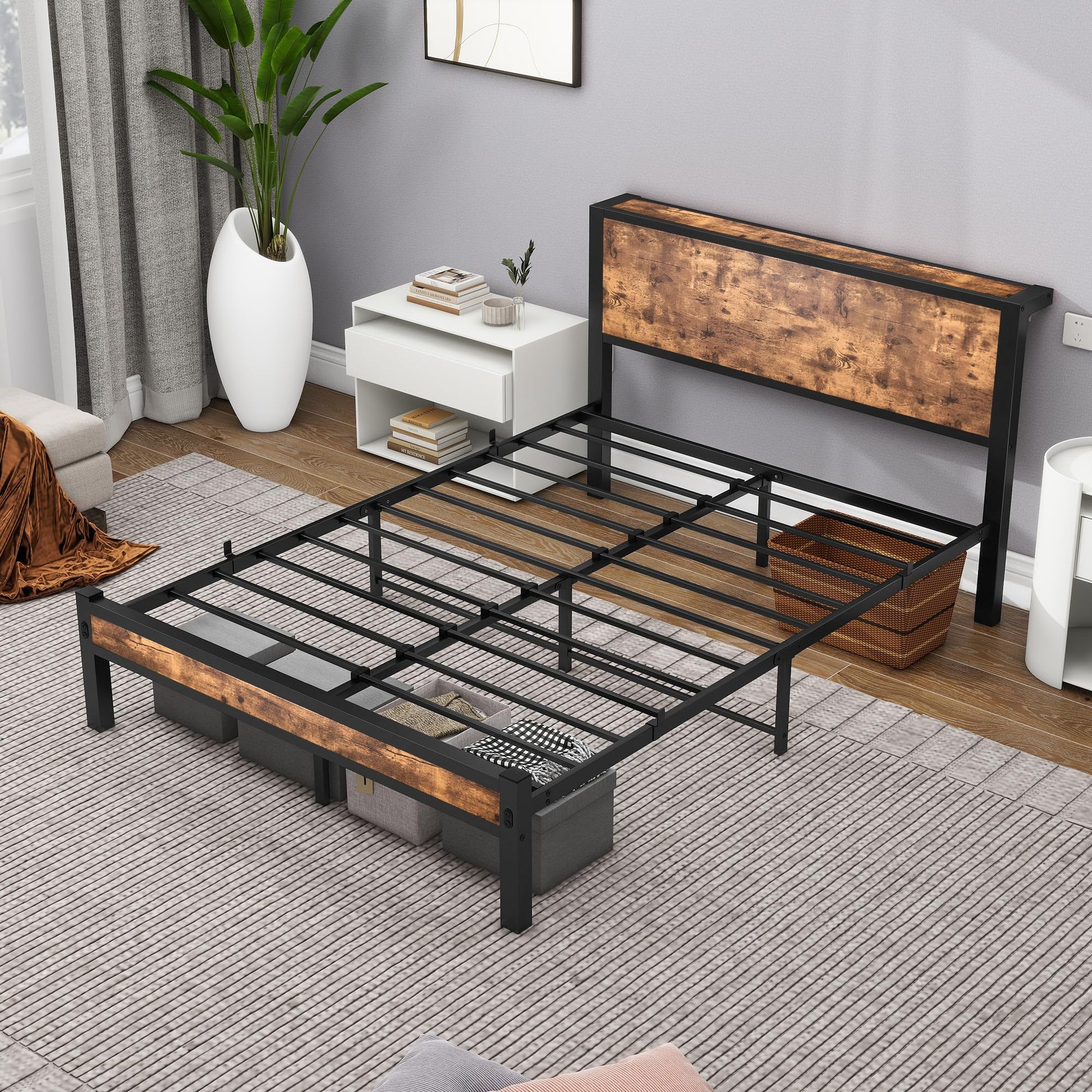 DUMEE Queen Size Bed Frame with Wood Storage Headboard - Metal Platform Design, No Box Spring Needed, Noise-Free, Black & Rustic Brown - WoodArtSupply