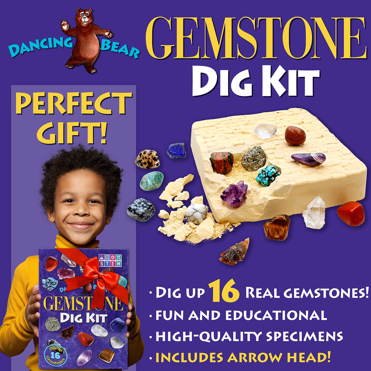 DANCING BEAR Gem stone Dig Kit, Excavate 16 Real Gems & Crystals including Arrowheads, Quartz Point and Amethyst, STEM Education for Kids, Fun Rock Mining Science Activity Gift Sets for Girls and Boys DANCING BEAR
