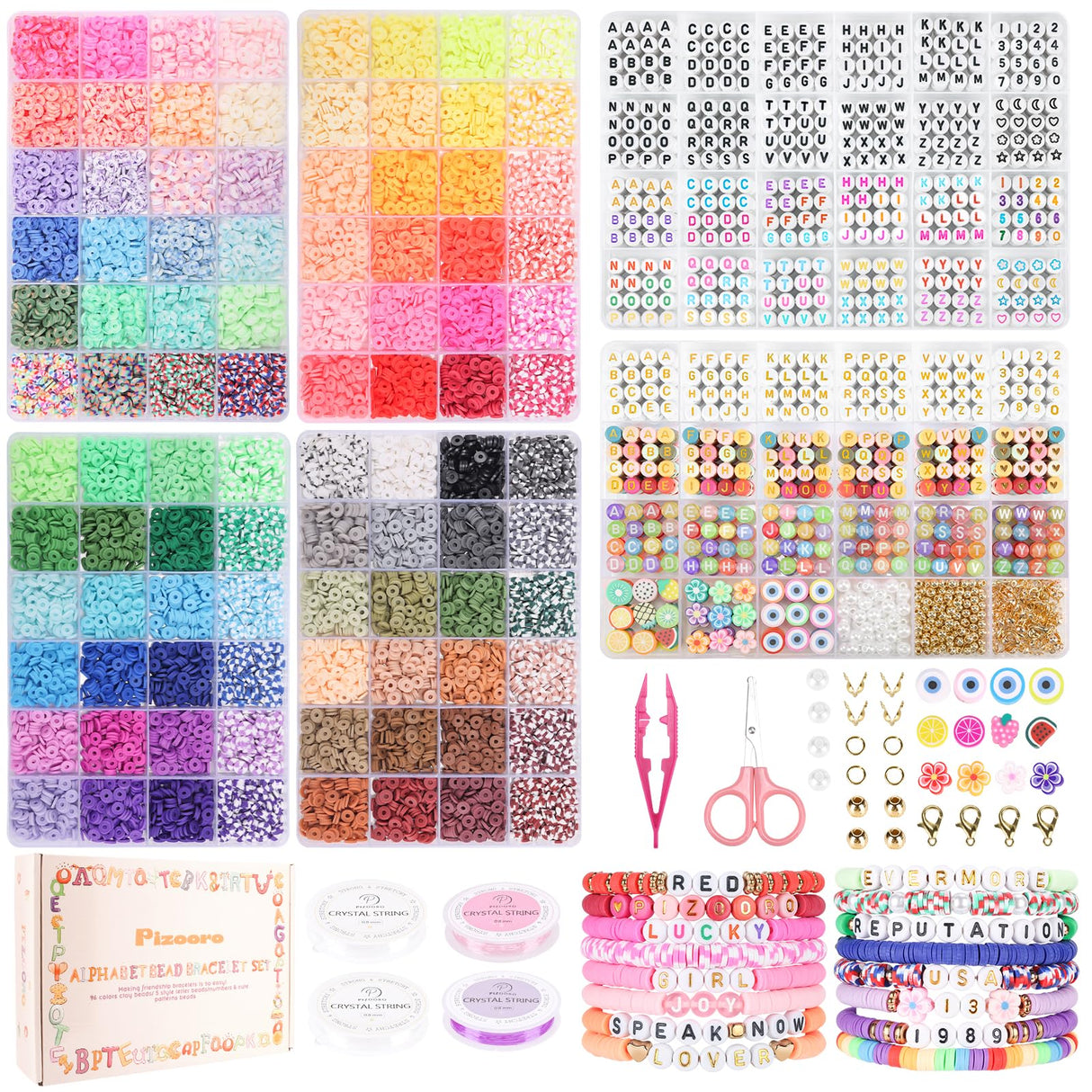 Pizooro Friendship Bracelet Kit with 96 Colors,13440 Clay Beads,1470 Letter Beads for Jewelry Making - 5 Styles of Round Alphabet, Number& Pattern Beads with 4 Elastic Strings, Crafts Gift for Teens Pizooro