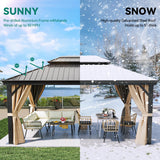 DWVO 12x16ft Hardtop Gazebo Double Roof with Nettings and Curtains, Heavy Duty Galvanized Steel Outdoor Vertical Stripes Roof for Patio, Backyard, Deck, Lawns, Brown DWVO