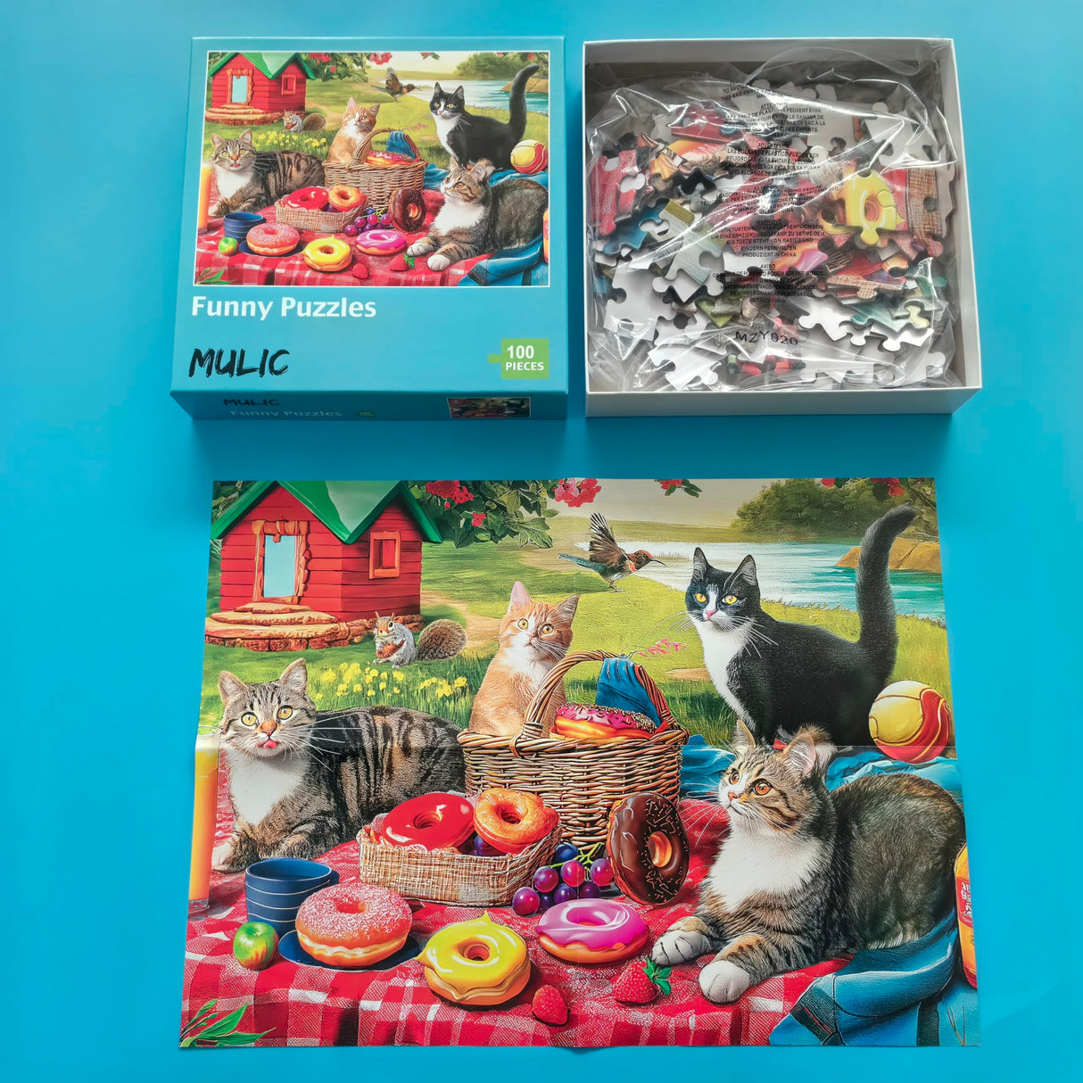 100 Pieces Jigsaw Puzzles for Adults - Cat Puzzles for Kids Ages 6-8 8-10 10-12 - Picnic Kittens and Donuts Mulic