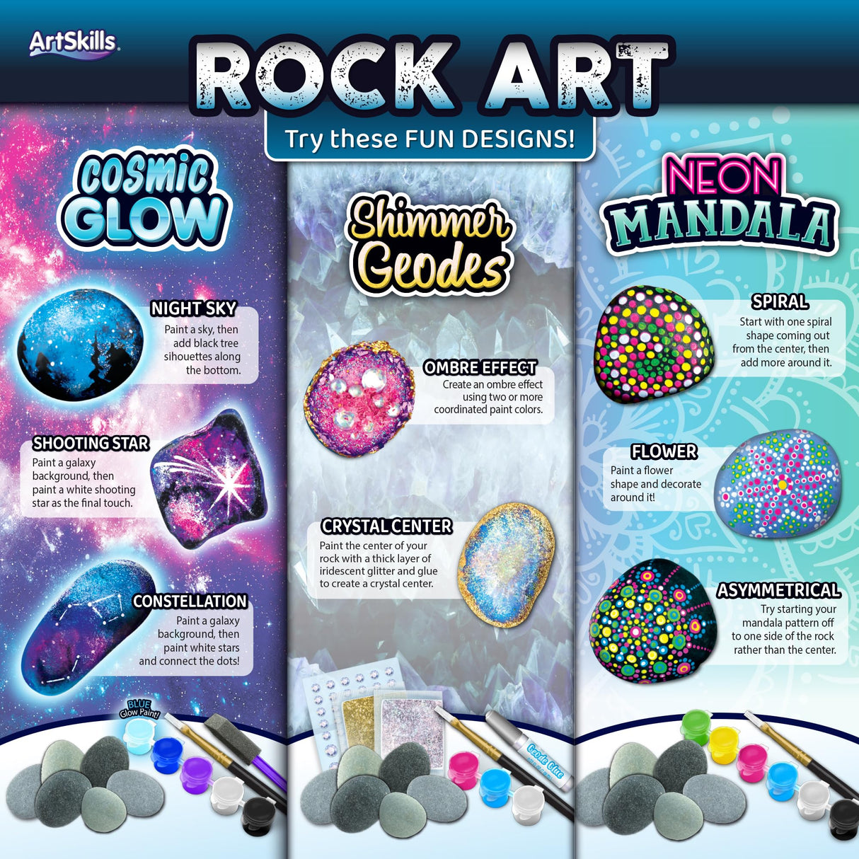 ArtSkills Rock Painting Kit with Geode, Mandala & Glow in The Dark Rock Painting, Arts and Crafts for Kids ArtSkills