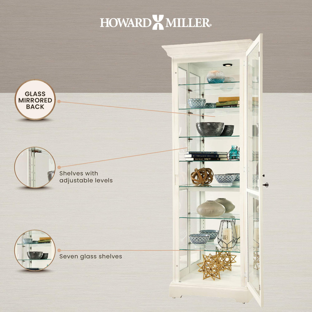 Howard Miller Chesterbrook V Curio Cabinet – Lighted White Wooden Display Cabinet with Wire Brushed Finish Eight Level Showcase Adjustable Glass Shelves Beveled Glass Quality Home Decor Howard Miller
