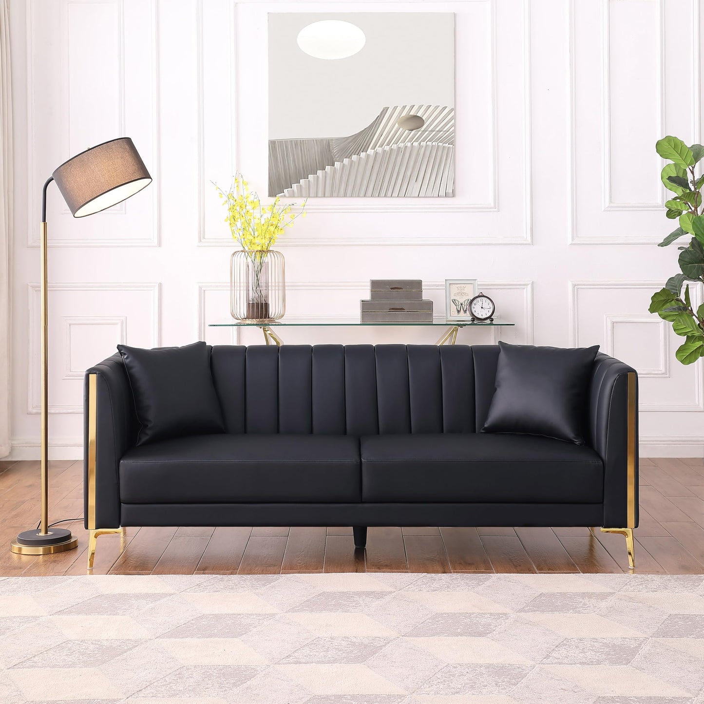 FOTOSOK 78'' Sofa, Black Sofas Couches for Living Room, Comfy Sofa Faux Leather Sofa 3 Seater Sofa with 2 Throw Pillows and Gold Metal Legs, Deep Seat Sofas for Living Room (Black)