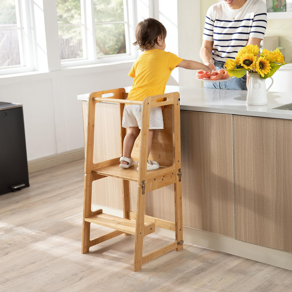 4-in-1 Standing Tower for Toddlers and Kids 1-6 Years, Bamboo Kitchen Learning Helper Stool with Chalkboard, Desk Table, and Chair (Natural) Onirw