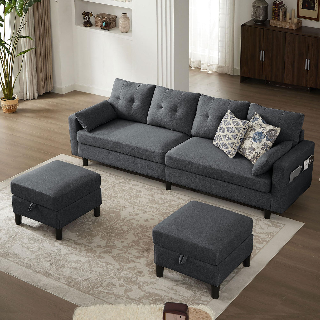 Portaforta Convertible Sectional Sofa Couch, 101" U Shaped Couch with Storage Chaise and Side Pocket, Modern Polyester 4-Seat Reversible Sofa Set for Living Room, Dark Grey Portaforta