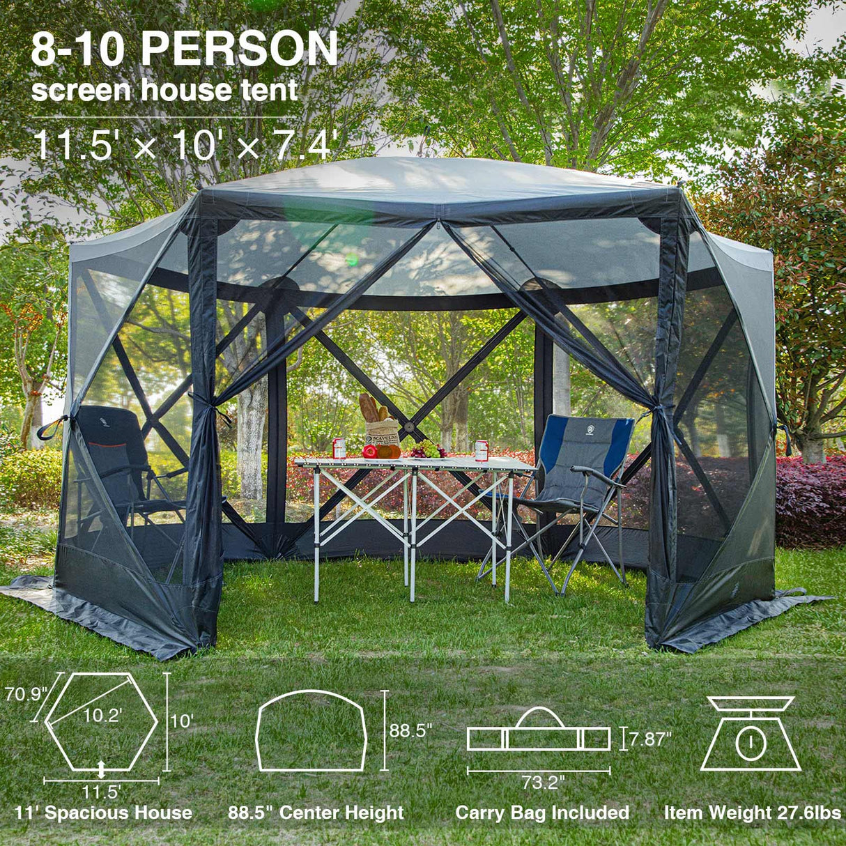 EVER ADVANCED Pop Up Gazebo Screen House Tent for Camping 11.5 ft for 8-10 Person Instant Canopy Shelter with Netting Portable for Outdoor, Backyard EVER ADVANCED