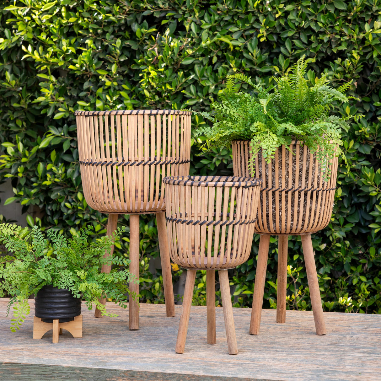 Sagebrook Home Set of 3 Bamboo Wood Planters on Stands, Indoor Outdoor, Natural, Tri-Footed Wicker Bamboo Planters Baskets for Garden, Patio, Entryway, or Living Room, Plant Stand Outdoor Tall Plants Sagebrook Home