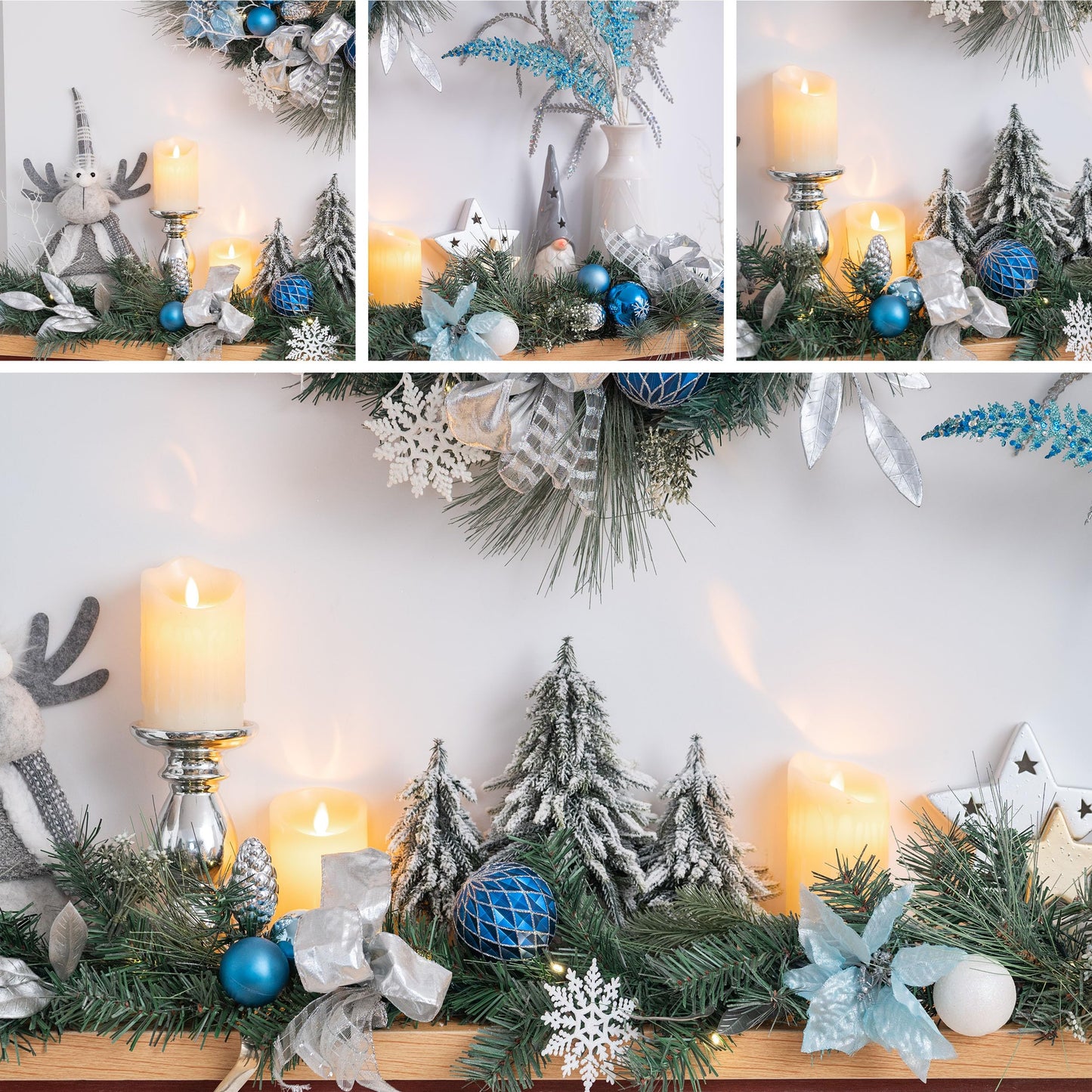 Valery Madelyn Pre-Lit Christmas Garland with Lights for Mantle, 6 feet Lighted Battery Operated Xmas Garland with Silver Light Blue Balls for Front Door Fireplace Table Centerpiece Outdoor Decor