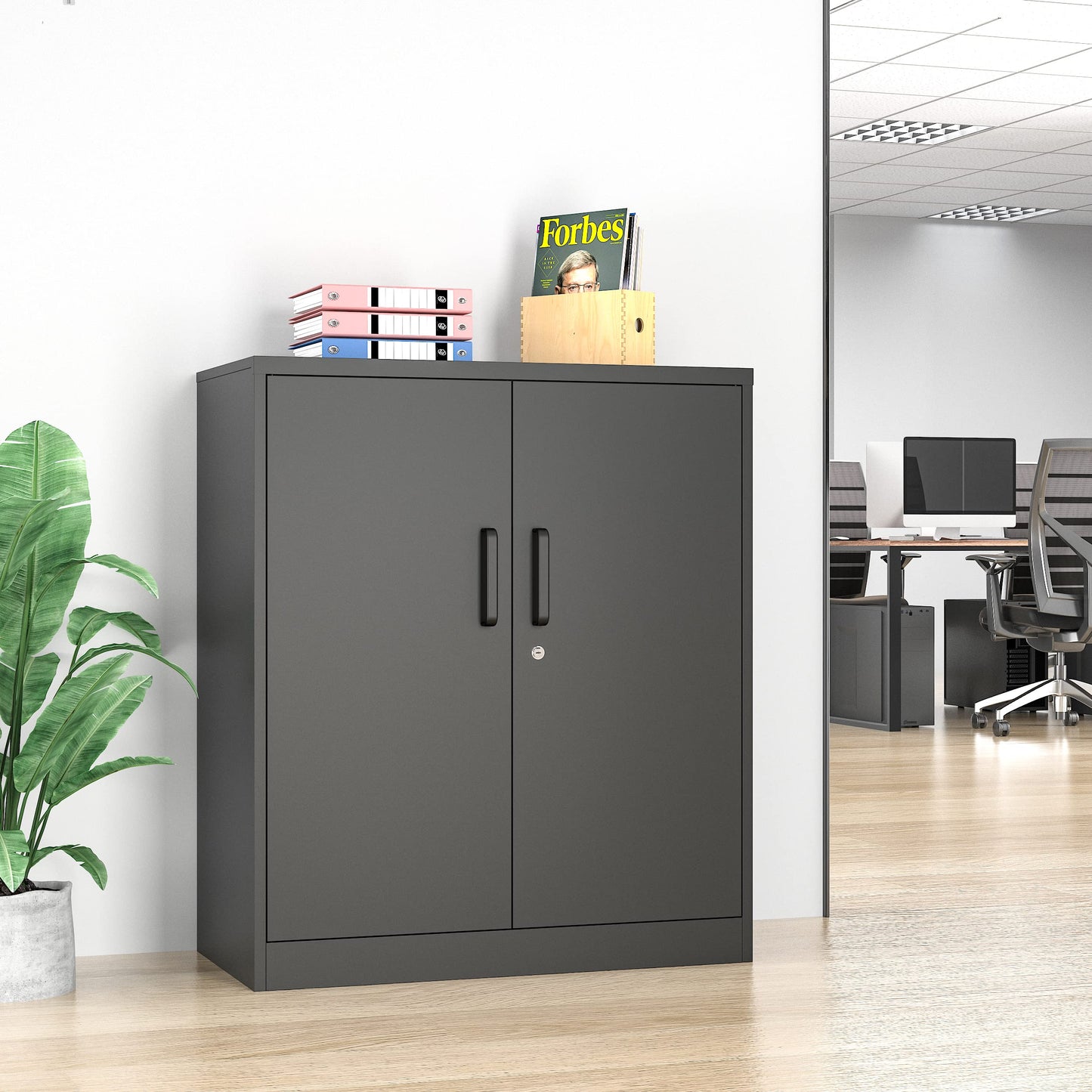 AFAIF Metal Storage Cabinets with Locking Doors&2 Adjustable Shelves, Lockable Steel Office Cabinet, Black Counter Cabinet Small Locking Cabinet Locked Tool Cabinet for Home, Office, Garage, Hallway