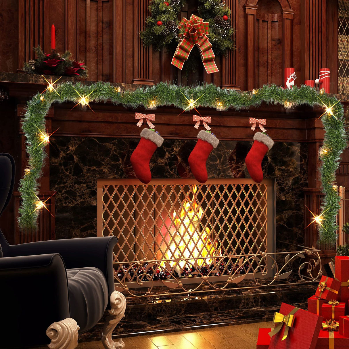 Dazzle Bright 15 FT Artificial Christmas Garland, Pre-Lit 35 Count Mini String Lights Plug in Xmas Garland, Lighted Christmas Decoration for Indoor Holiday Door Home Stairs Decor Dazzle Bright