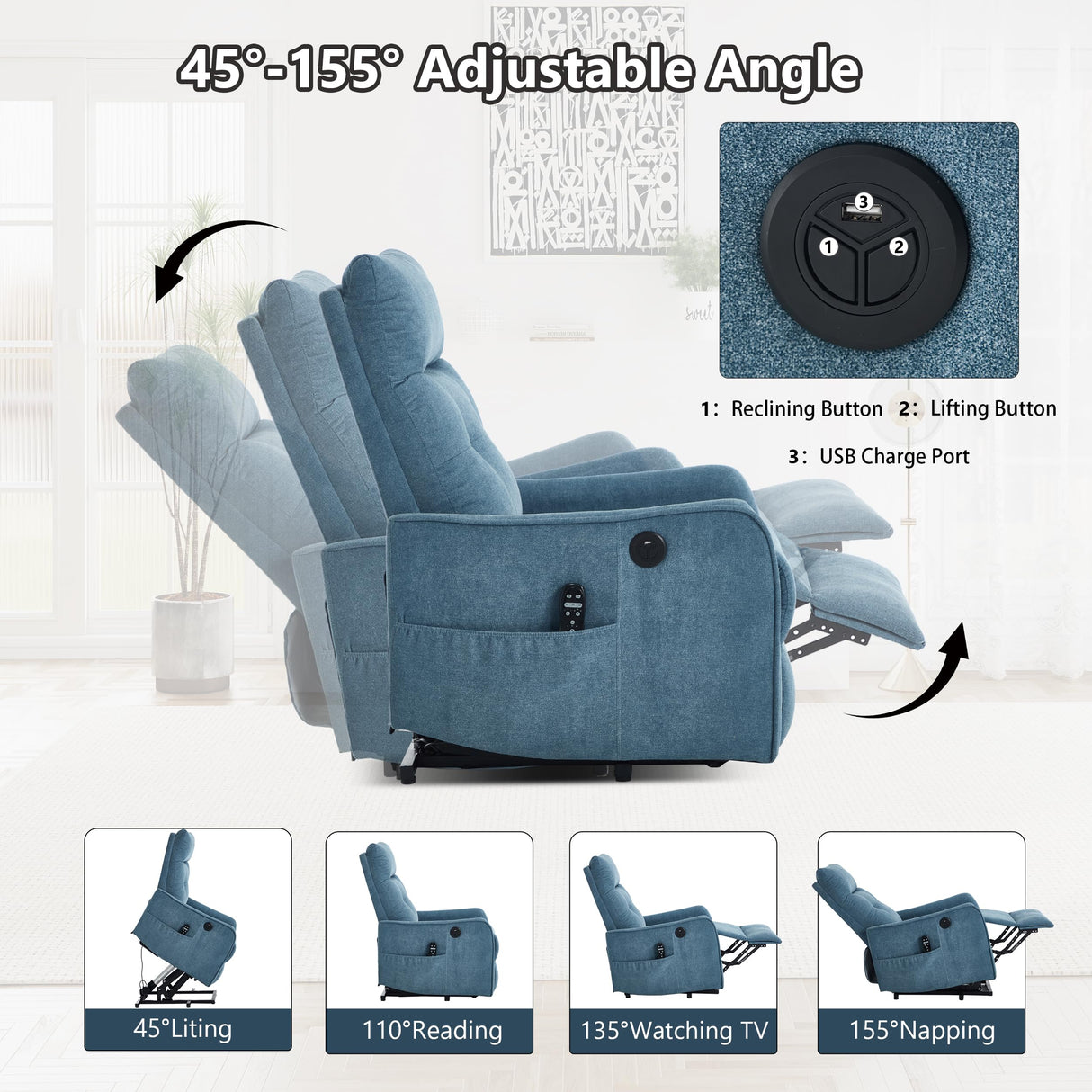 EZZUP Power Lift Recliner Chair with Vibration Massage and Heat for Petite Elderly, Small Lift Chair with Side Pocket Remote Control, Infinite Position, Polyester Fabric Blue EZZUP