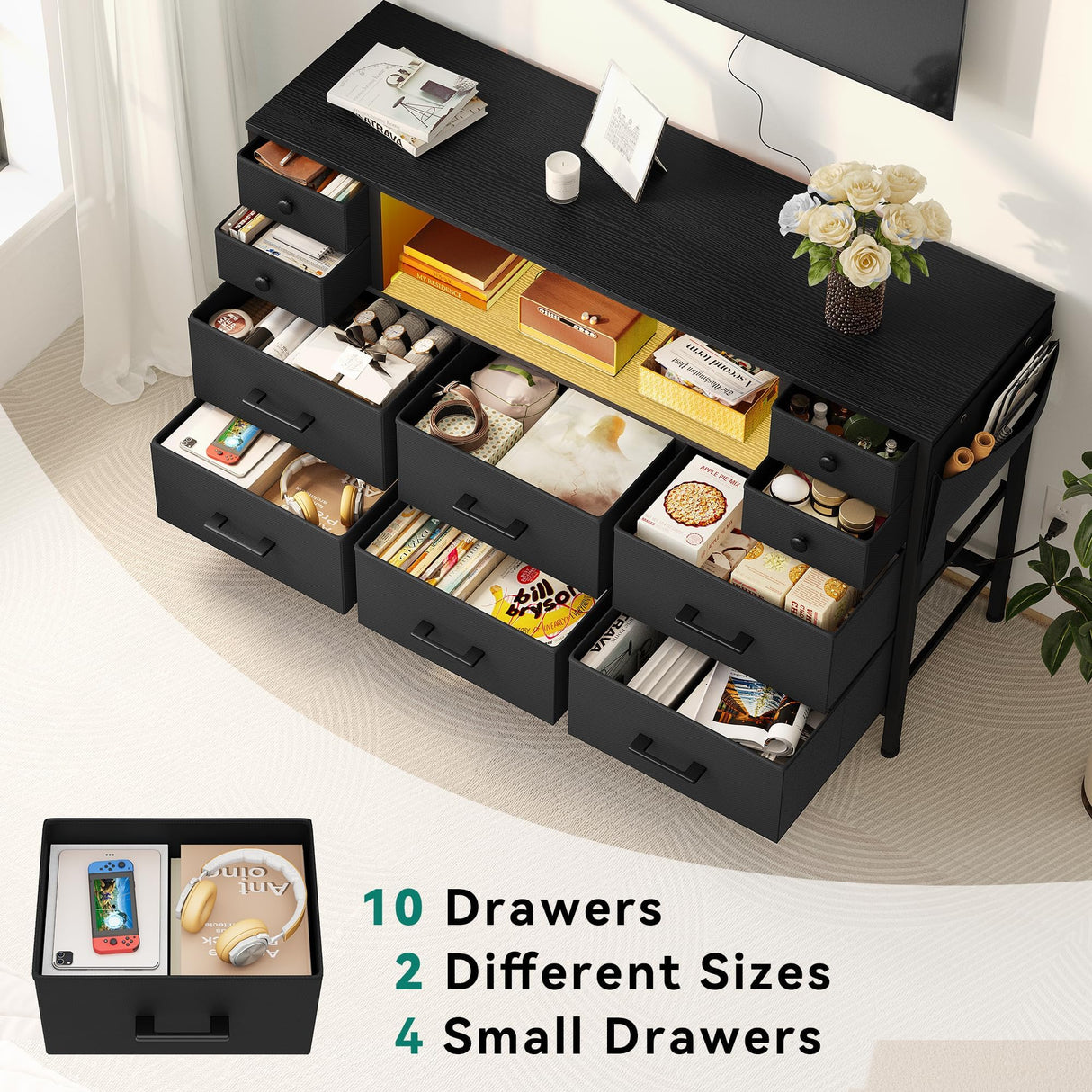 YITAHOME TV Stand with Charging Station, Dresser TV Stand for 55'' TV, 10 Drawer Dresser for Bedroom, Media TV Console Table with Side Pockets & Hooks, Storage Fabric Drawer Unit for Bedroom YITAHOME